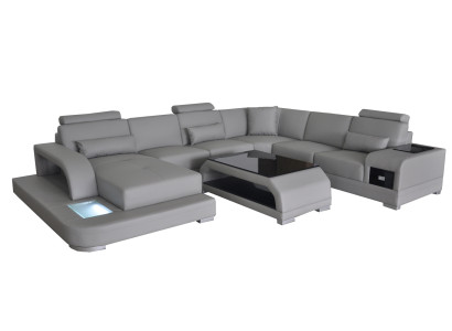 Ledersofa Wohnlandschaft Ecksofa Sitzecke Sitzgarnitur Sofa Couch + USB + Tisch