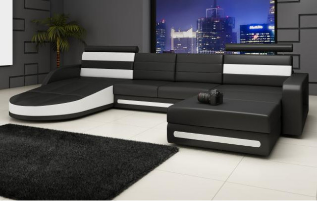 XXL WOHNLANDSCHAFT COUCH GARNITUR DESIGN ECKCOUCH Schwarz LEDERSOFA mit USB Neu