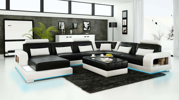 Sofa Ecksofa Design Wohnlandschaft mit Regal Polster Sitz Garnitur Ledersofa USB