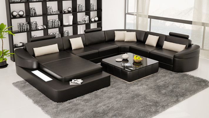 Luxus Ledersofa Polster Moderne Sitz Garnitur Eckcouch Wohnlandschaft LED USB