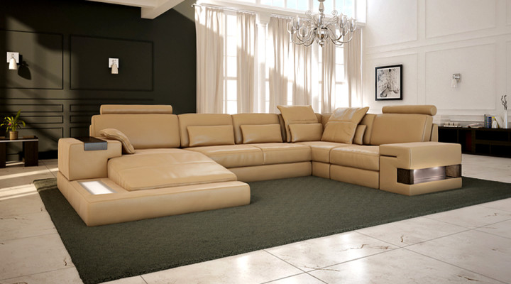 Ledersofa USB Design Sofa U Form Wohnlandschaft Couch Polster Ecksofa Neu LED