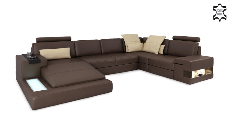 Ledersofa USB Design Sofa U Form Wohnlandschaft Couch Polster Ecksofa Neu LED