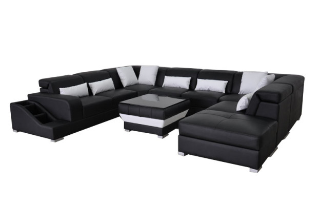 Leder Eck Sofa Wohnlandschaft Garnitur Design Modern Couch Sofas USB LED Hocker