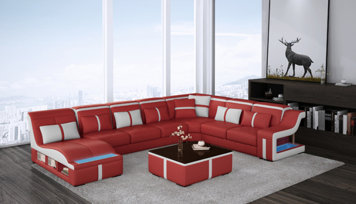 Ledersofa Wohnlandschaft Ecksofa Garnitur Design Modern Sofa U-Form mit USB Neu