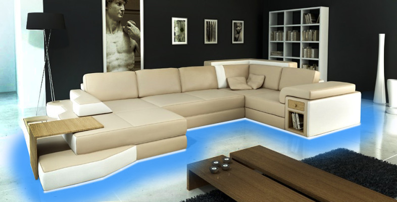 XXL Design Big Sofa mit USB,Ecksofa Couch Wohlandschaft U Form Leder Textil Ecke