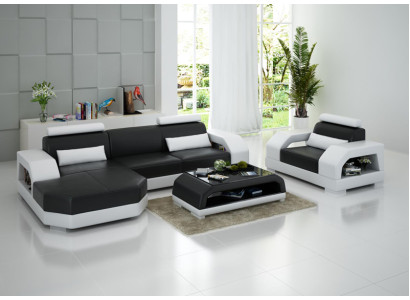 Ledersofa Couch Wohnlandschaft Ecksofa + 1 Sitzer Garnitur Design Modern G8001E