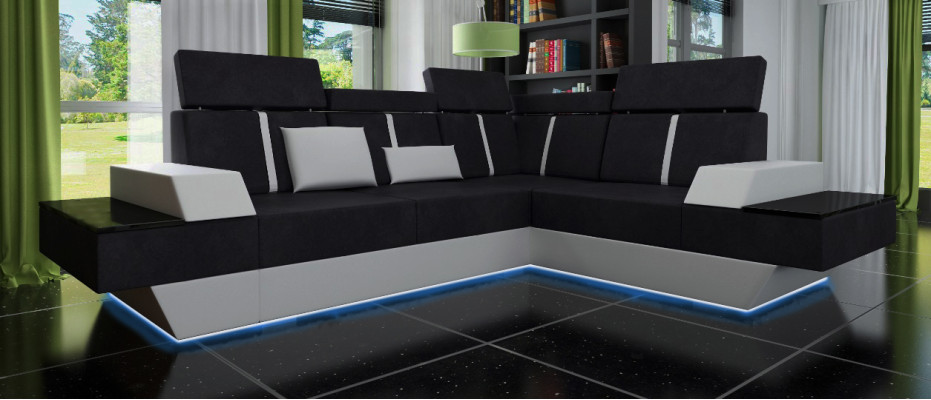 Designer Ecksofa Wohnlandschaft Sofa mit USB Couch Stoff Textil Leder Patentiert
