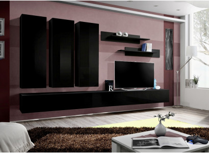 Komplett Set 7 tlg Schwarz Wohnwand Wandschrank Holzmöbel Luxus Möbel Neu