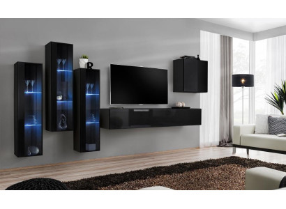Schwarz Wohnwand Wohnzimmer Set Vitrine Schrank Wandregal 5tlg. Einrichtung