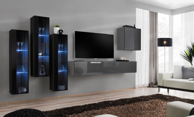 Designer Grau Wohnwand TV Ständer Komplett Hochglanz Sideboard Wand Schrank