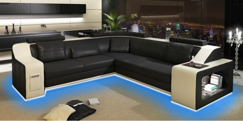 Ecksofa Leder Textil Sofa mit USB Polster Wohnlandschaft L Garnitur Sitz Isching