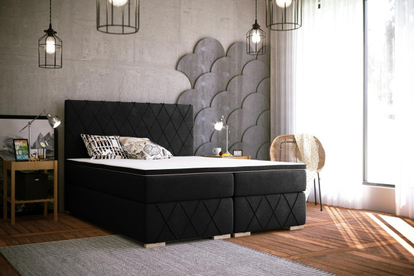 Komplett Set Matratze & Topper Boxspring Bett Schwarz Polster 180x200cm Betten