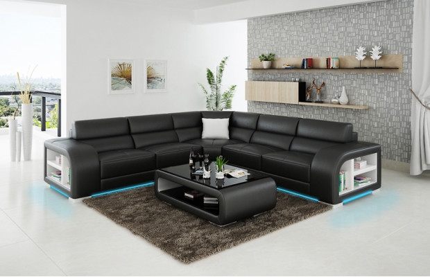 Ledersofa Couch Wohnlandschaft Ecksofa Eck Garnitur Design Sofa USB Maßfertigung