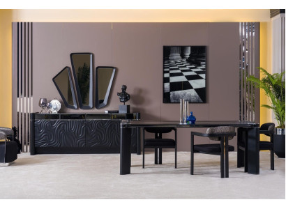 Schwarzes Esszimmer Set Esstisch 6xSühle Sideboard 3x Spiegel Essgruppe Luxus