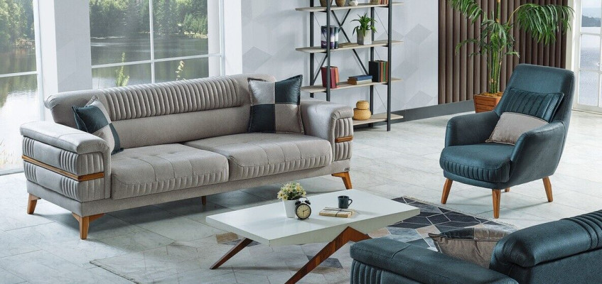 Sofagarnitur 3+1 Sitzer Textil Holz Sofa 3 Sitzer Modern Sessel Komplett Set Neu