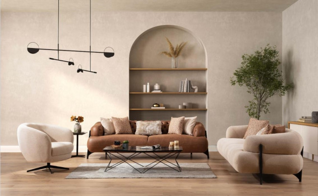 Sofagarnitur 3+3+1 Sitzer Textil Holz Sofa 3 Sitzer Modern Sessel Neu Komplett Set