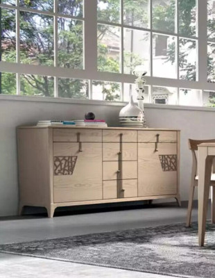 Garnitur Set Tisch 4x Stühle Beige Vitrine Set Essgruppe 7tlg. Esszimmer