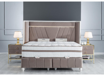 Luxus Schlafzimmer Set Beige Bett 2x Nachttisch Betten Möbel Led 3tlg