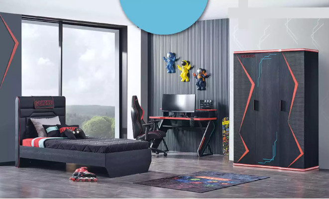 Gamer Kinderzimmer Schlafzimmer Bett Tisch Kleiderschrank 3tlg.