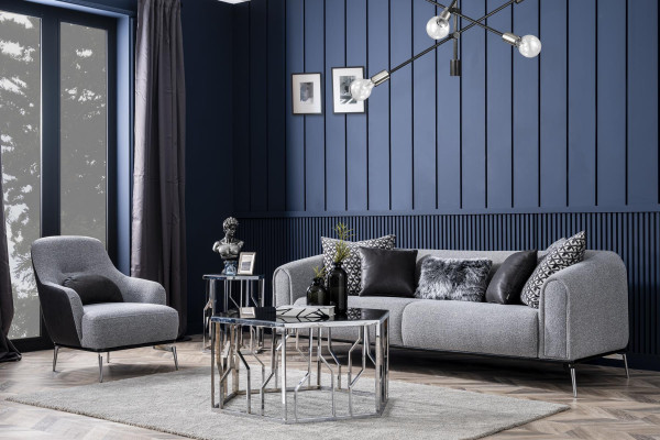Modern Garnitur Sofa 3 Sitz Sessel Dreisitzer Stoff Grau Modern Polyester