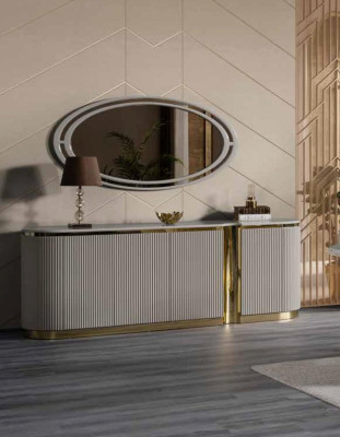 Ovales Sideboard xxl 220cm Kommode Schrank Kommoden Gold verziert Neu