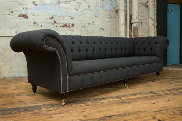 Schwarze Chesterfield Textil Leder Sofa Couch Polster Big Sitzpolster xxl 265cm