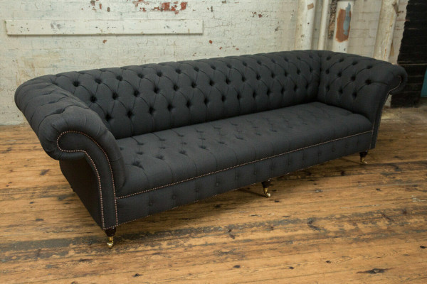 Schwarze Chesterfield Textil Leder Sofa Couch Polster Big Sitzpolster xxl 265cm