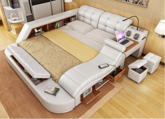 Doppel Luxus Leder Bett + USB Polster Betten Moderne Hotel Multifunktion 