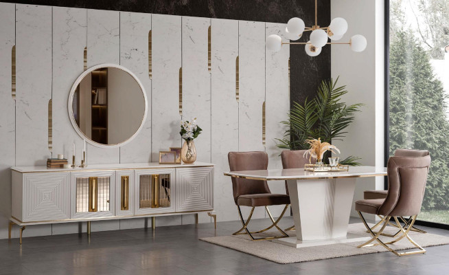 Esstisch Garnitur Gruppe Esszimmer Tisch + 4 Stuhl Set Designer Möbel