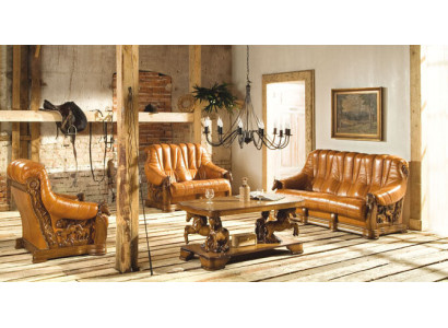 Klassische Sofagarnitur Couch Polster Sitz Sofa Leder Holz 3+2+2 Set Garnitur