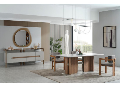 Braun-Weißes Esszimmer Set Esstisch 4x Stühle Kommode Designer Essgruppe