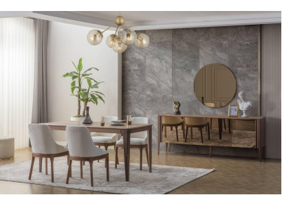 Luxuriöse Esszimmer Garnitur Recheckiger Esstisch 6x Textilstühle 9tlg