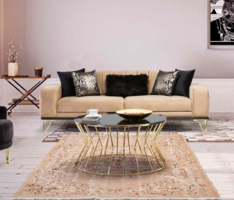 Moderne Sofa 3Sitz Wohnzimmer Couch Design Möbel Metall Beige Polster