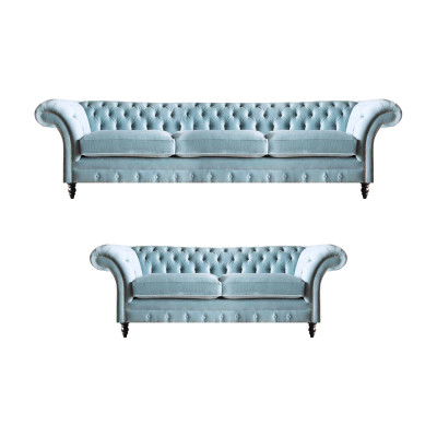 Stilvolle Hellblaue Chesterfield Designer Garnitur Dreisitzer 2-Sitzer