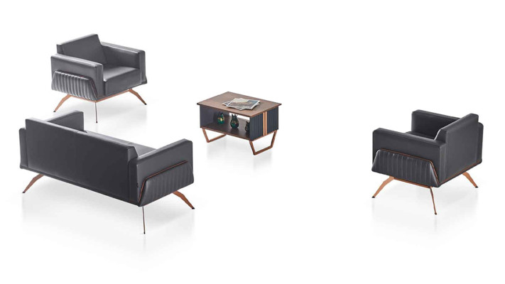 Arbeitszimmer Set 4tlg 3-Sitzer 2x Sessel Couchtisch Grau Einfarbig Stil