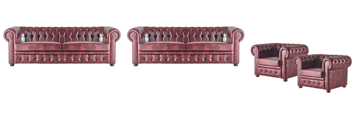 Ledersofa Set 3-Sitzer Sessel Bordeaux Chesterfield Polster Sofa Leder 4tlg