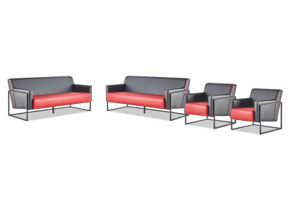 Sofa-Set 3-Sitzer Sessel Schwarz Rot Ledersofas Leder Edelstahl Holz