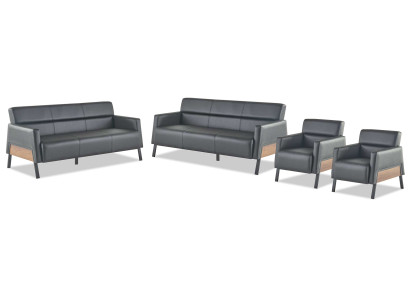 Sofa-Set 3-Sitzer 2x Sessel Schwarz Ledersofas Modern Leder Holz Weich