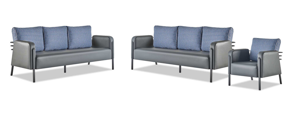 Sofa-Set Grau Blau Ledersofa 3-Sitzer Sessel Modern 1-Sitzer Leder Textil