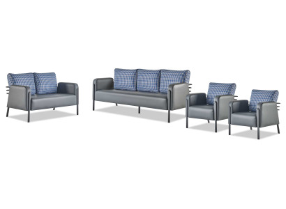 Komplett Sitzmöbel Set 3-Sitzer 2-Sitzer Sessel Grau Blau Leder Polster