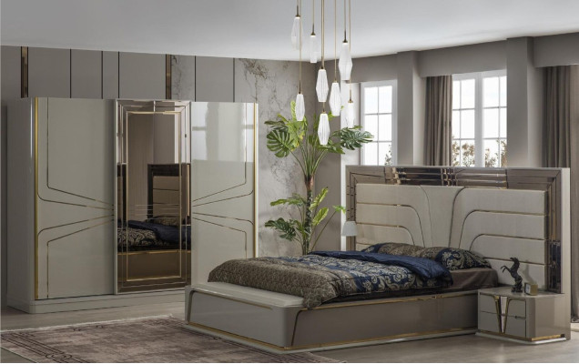 Garnitur Schlafzimmer Doppelbett Luxus Bett Modern Beige Set 3tlg Neu