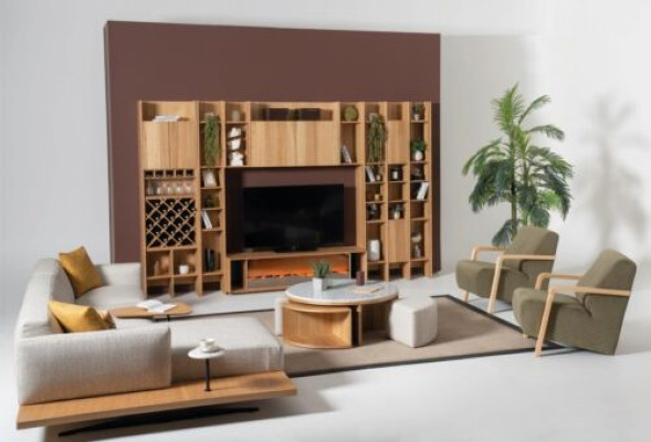 Wohnzimmer Wohnwand Holz Luxus Garnitur neu Stil Modern Luxus braun