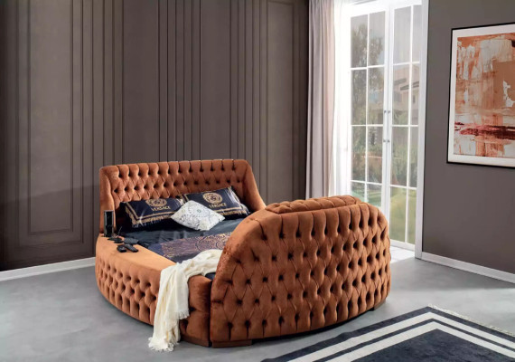 Chesterfield Bett Polster Design Luxus Betten Hotel Braun mit TV Fernseher