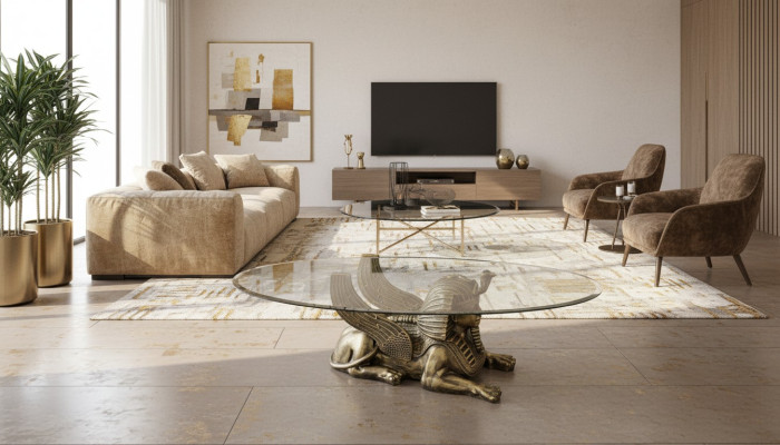 Couchtisch Tisch Glastische Tische Pharao Sphinx Beistell Glas Ägypten 120x60cm