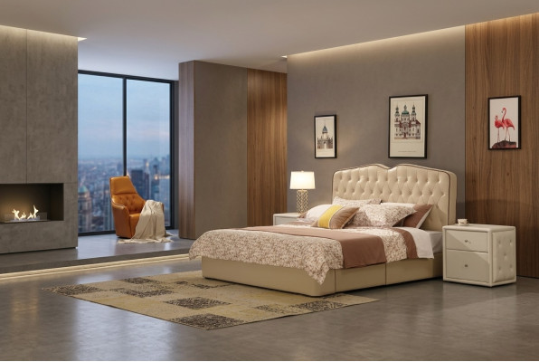 Modernes Design Hotel Betten Bett XXL Luxus Doppel Leder Chesterfield
