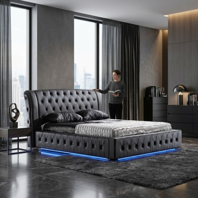 Modernes Hotel Design Bett XXL Betten Luxus Doppel Leder Chesterfield