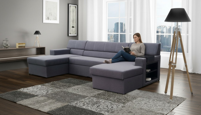 Design Ecksofa Markos U-form Bettfunktion Couch Hochtöner Leder Textil