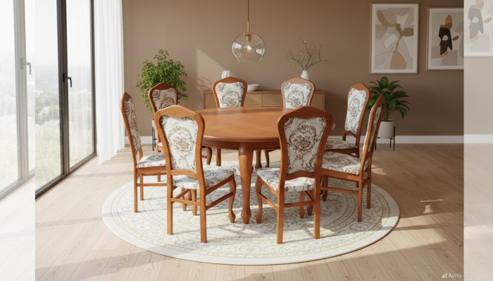 Klassischer Rund Runder Tisch Holz Design Esszimmer Tische + 8 Stühle