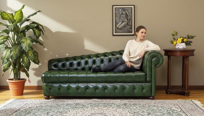 Chaiselongues Chesterfield Sofa Grün Couch Liege Ottomane Recamiere Leder Chiase