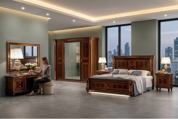 Schlafzimmer Set Bett Nachttisch Kommode Spiegel Hocker Neu 7tlg. Barock
